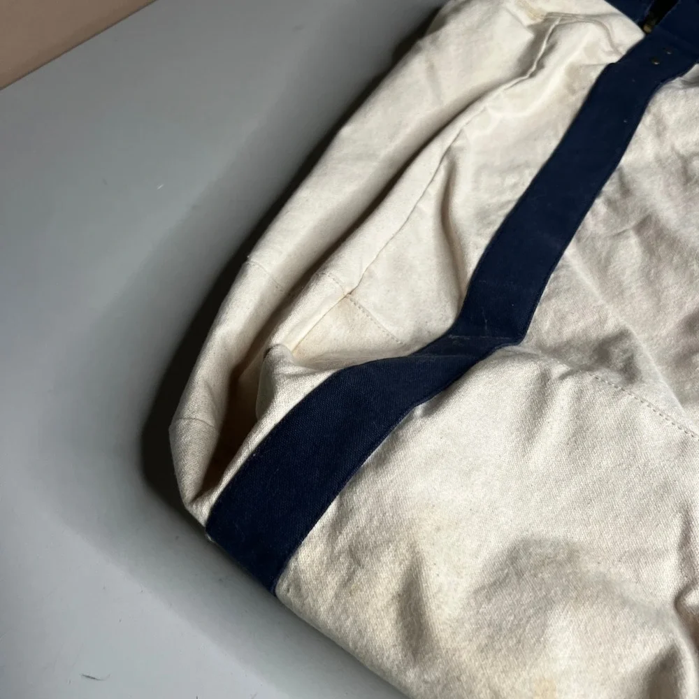 J.Crew Canvas Tote Bag Cream Navy Blue AH604 Large Travel Beach Carryall